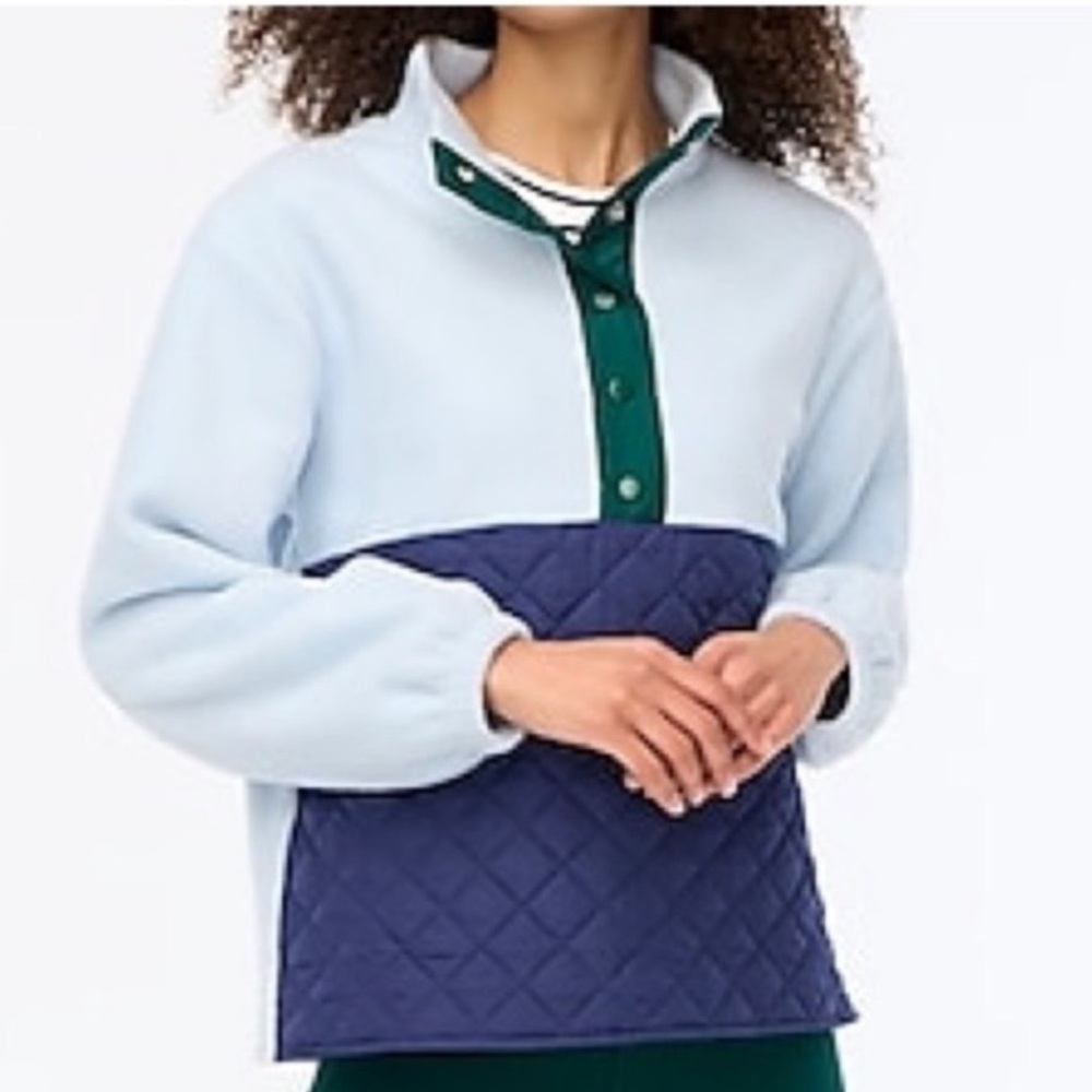 J Crew Quilted Sherpa Sweatshirt Blue Pullover Fleece Half Snap Preppy Gorp M